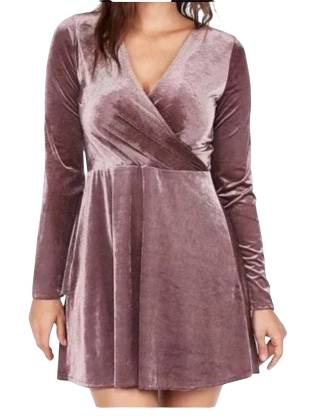 NWT Express Velvet Surplice Fit & Flare Mini Dress Mauve Small